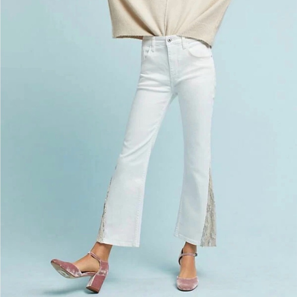 Anthropologie Pilcro White Sequin Flare Gusset Jeans